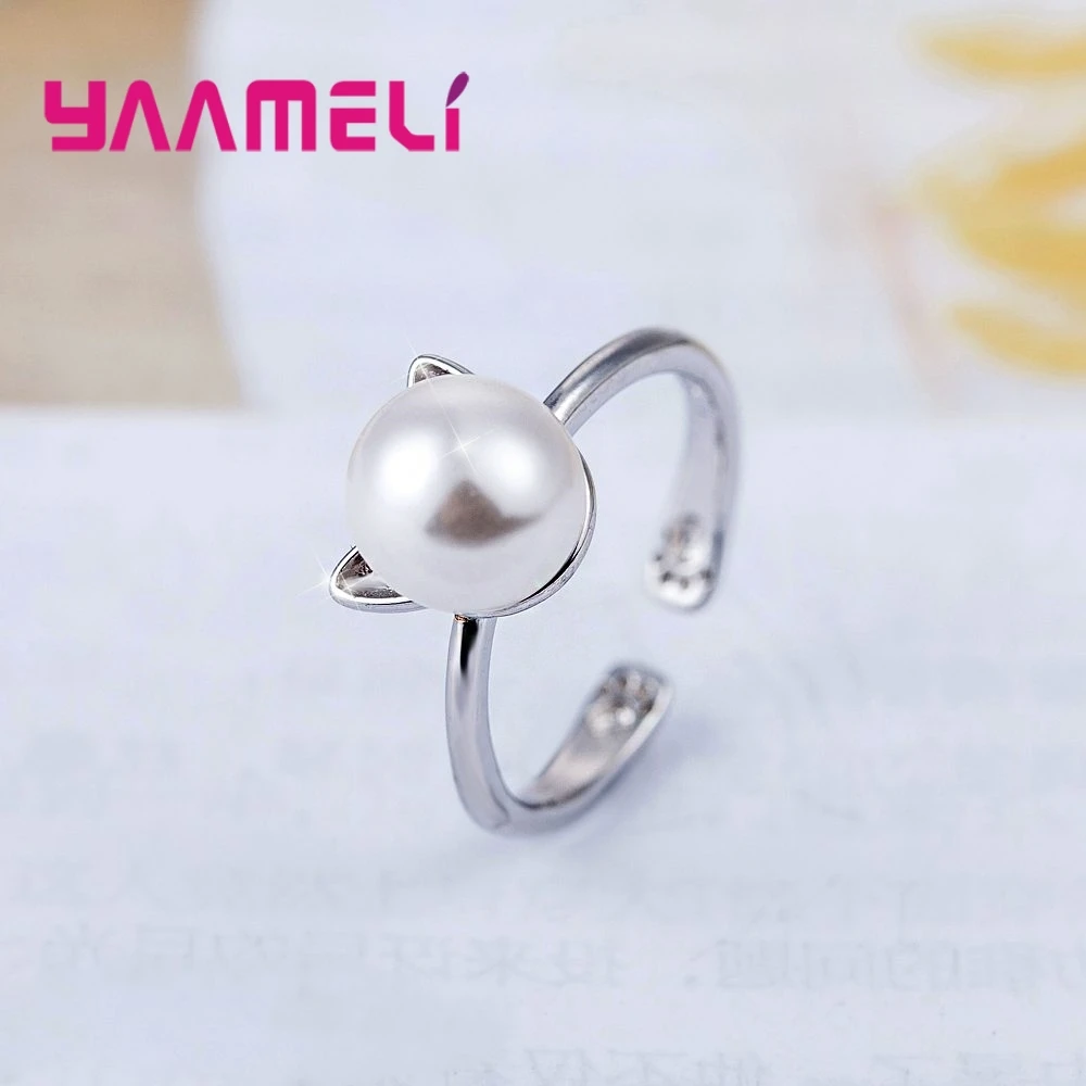 High Quality Cute Romantic Cat Ears Shape Opening Finger Rings White Pearl 925 Sterling Silver Women Girls Present