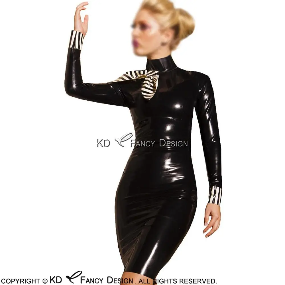 Black And White Sexy Latex Dress With Bow Stripe Cuffs Zipper At Back Rubber Teacher Uniform Playsuit BodyCon LYQ-0089