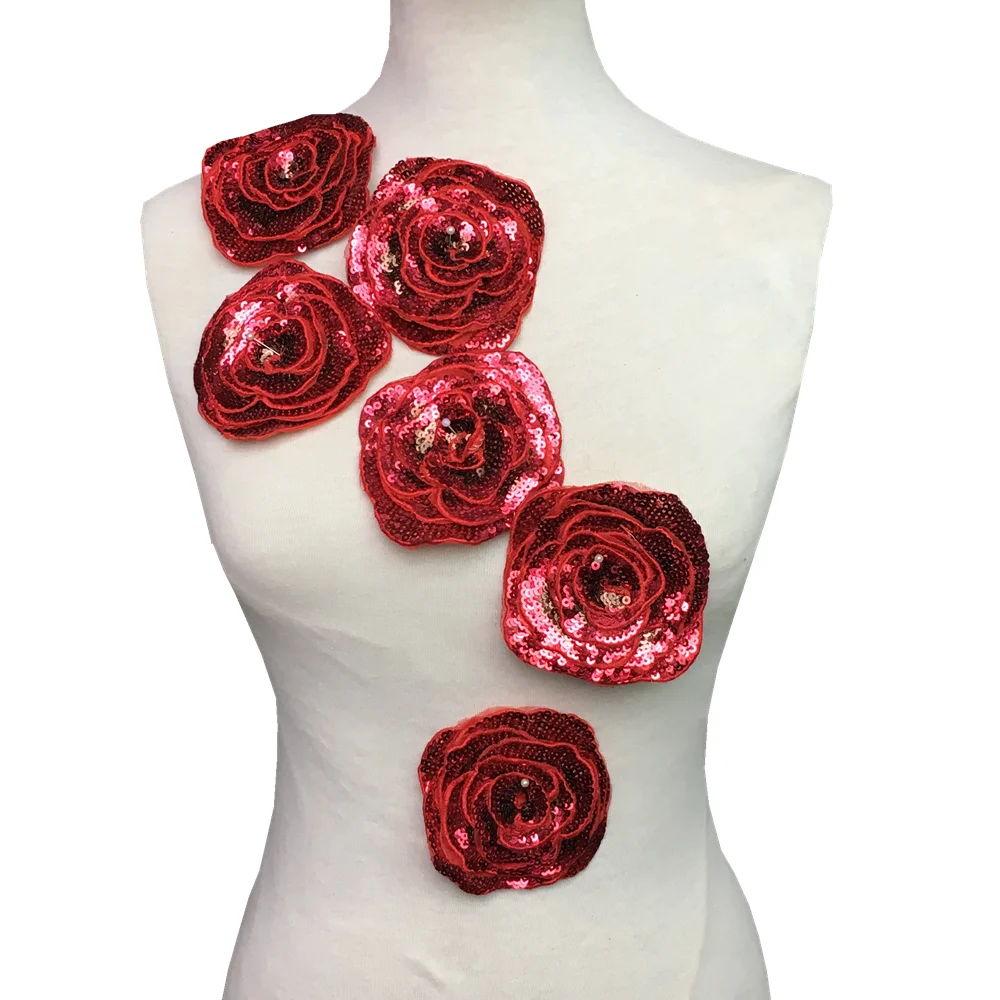 6pc 3D Rose paillettes Patch fiore rosso Applique fiori di perline cucire su toppe per abbigliamento Jeans vestiti Appliques Parches AC1106