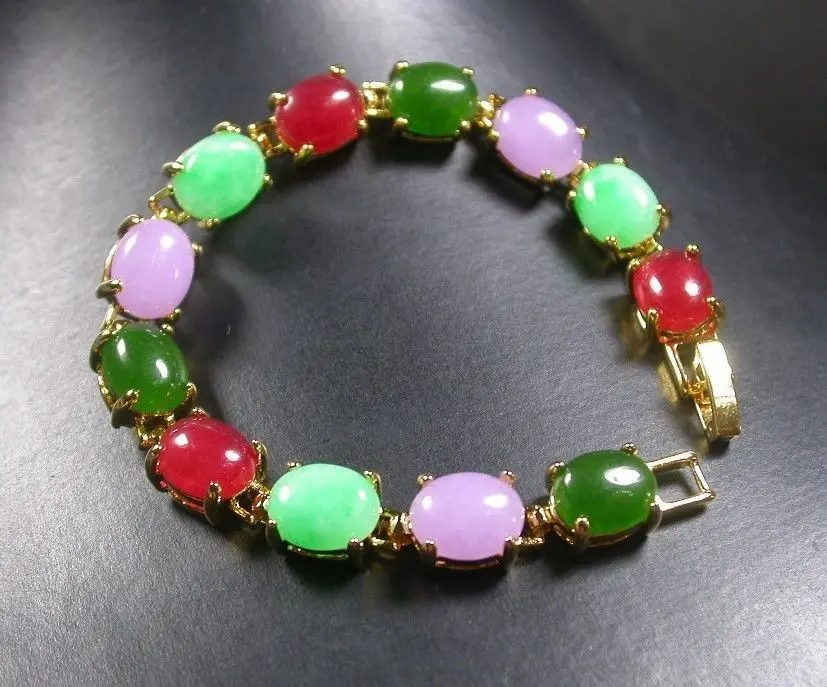 

Gold Plate CHINESE Red Lavender Green Cabochon Bead Bangle Bracelet AAA style Fine jewe Noble 100% Natural jade 5.26