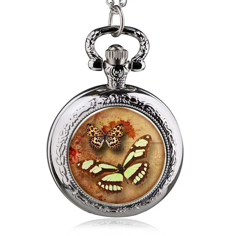 JOButterfly-Montre de poche à quartz ton argent pour enfants, collier, bijoux, montres, 85cm, nouveau