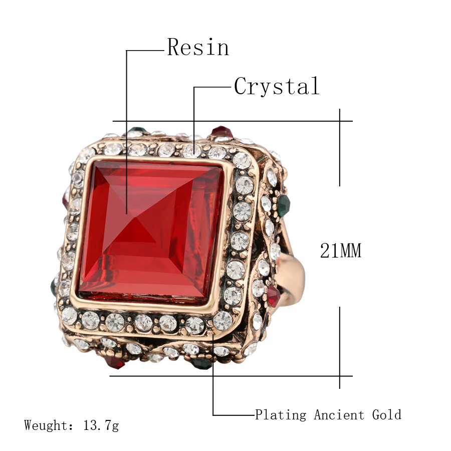 Wbmqda Luxury Bohemian Style Big Square Red Ring Vintage Ancient Gold Color Crystal Rings For Women India Jewelry