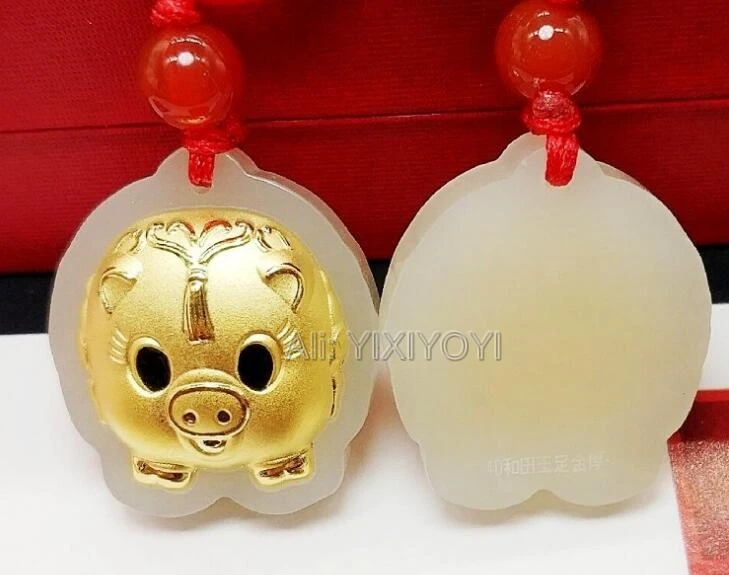 Natural White HeTian Jade + 18K Solid Gold Carved Chinese Zodiac Cut Pig Lucky Pendant + Free Necklace Fine Jewelry +Certificate