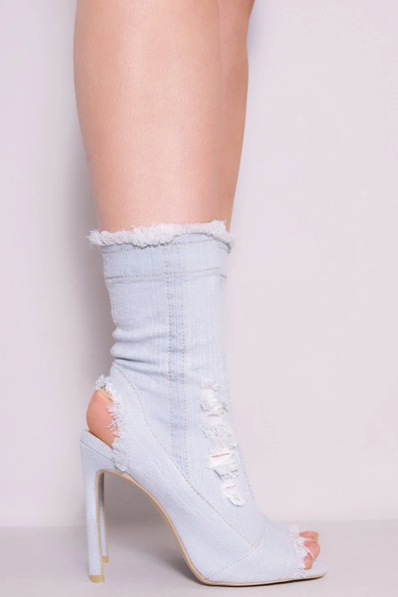New Fashion Women Open Toe Slim Style Denim Short Boots Blue White Jean High Heel Boots Cut-out Fringe Boots