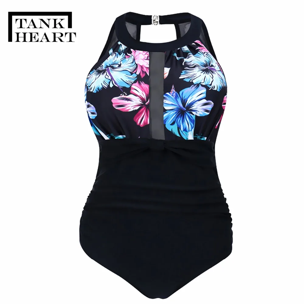 Tank Heart Sexy Potos One-Piece Suits Monokini Plus Size Swimwear Women One Piece Swimsuit female Retro Print Badpak Swim suit