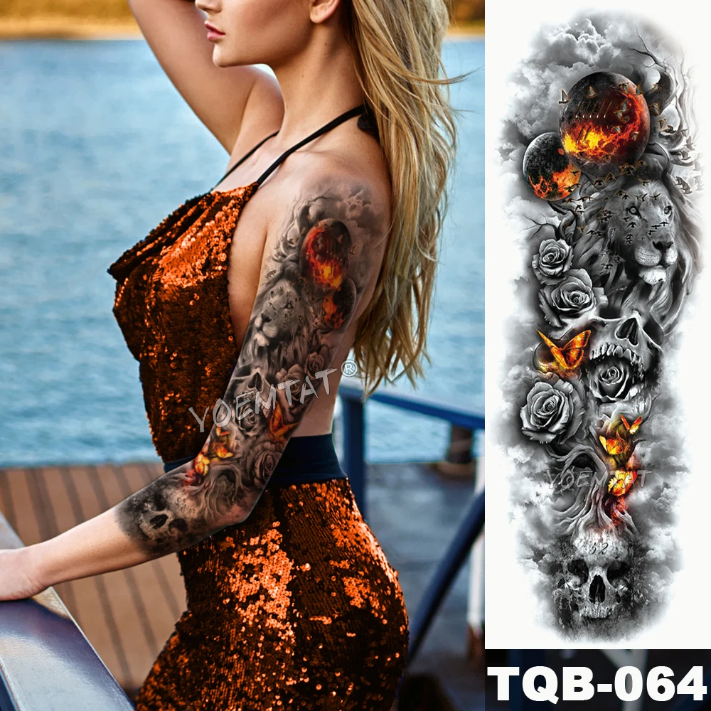 Large Arm Sleeve Tattoo Sketch Lion Tiger Waterproof Temporary Tatoo Sticker Wild Fierce Animal Men Full Bird Totem Tatto