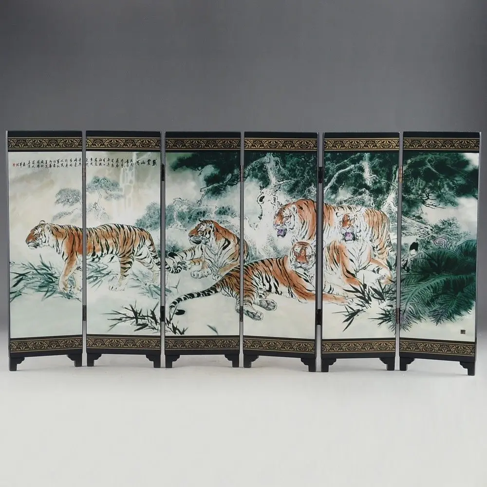 

With China characteristics lacquer craft Six pages tiger screen