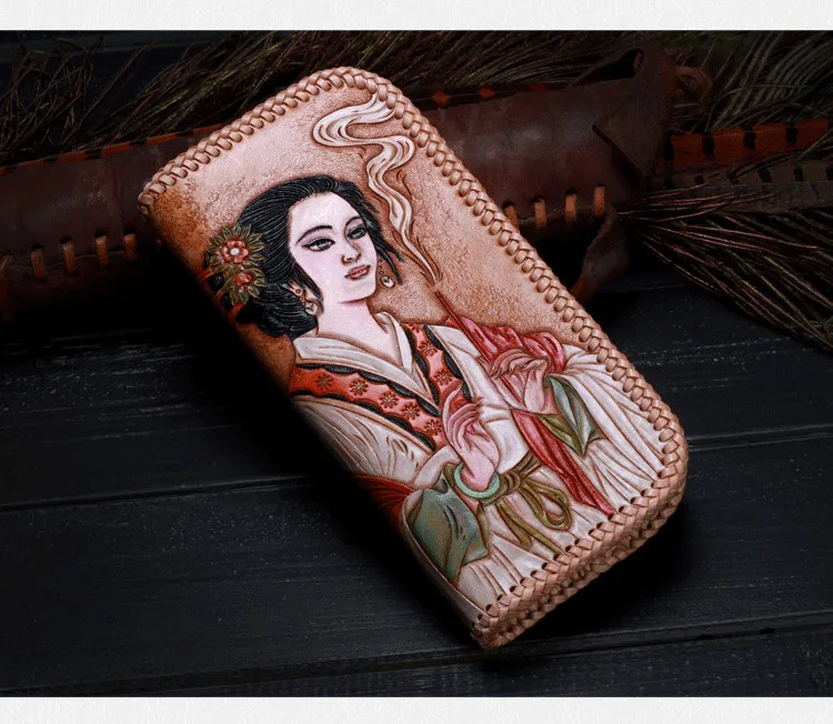 Women Wallets Carving Chinese ancient beauty Diao Chan Knitting Zipper Bag Purses Men Clutch Vegetable Tanned Leather Wallet