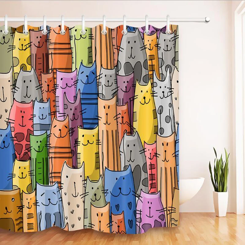 Colorful Cat Printed Bath Waterproof Curtain 3D Polyester Fabric Shower Curtain with 12 Hooks for Mildewproof Bathroom Decor