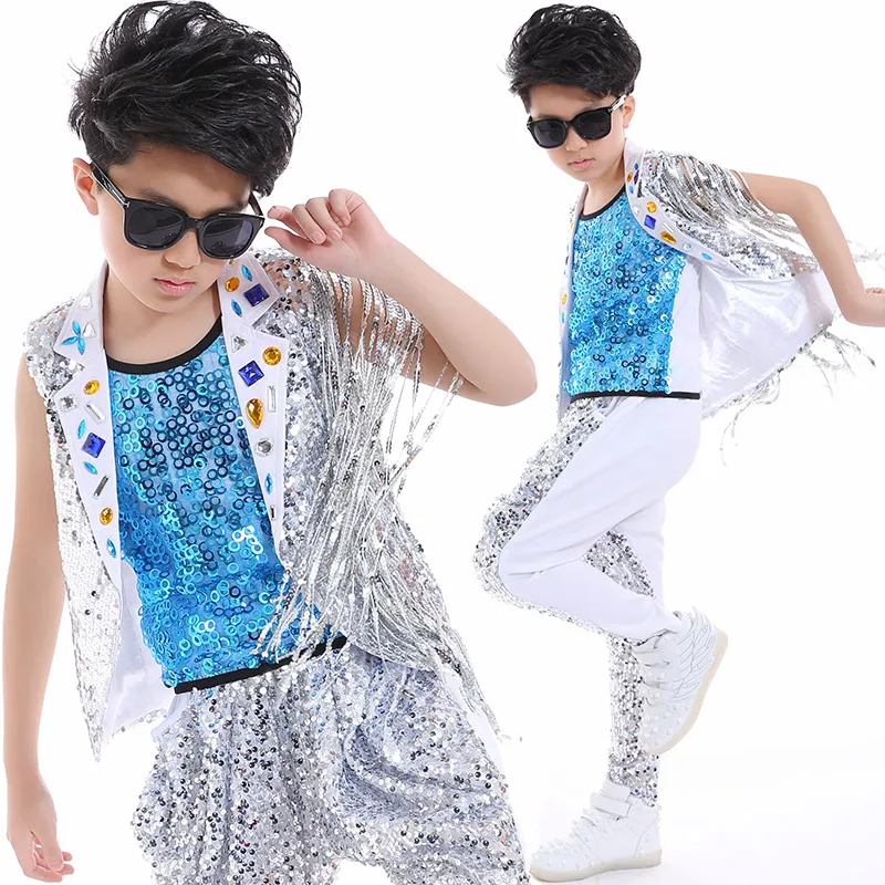 Jazz Dance Child Costume Boys Hip Hop Street Dance Jazz Sequins Tassel Blue Vest Harem Pants Suit Kids Dancing Clothes DNV10052