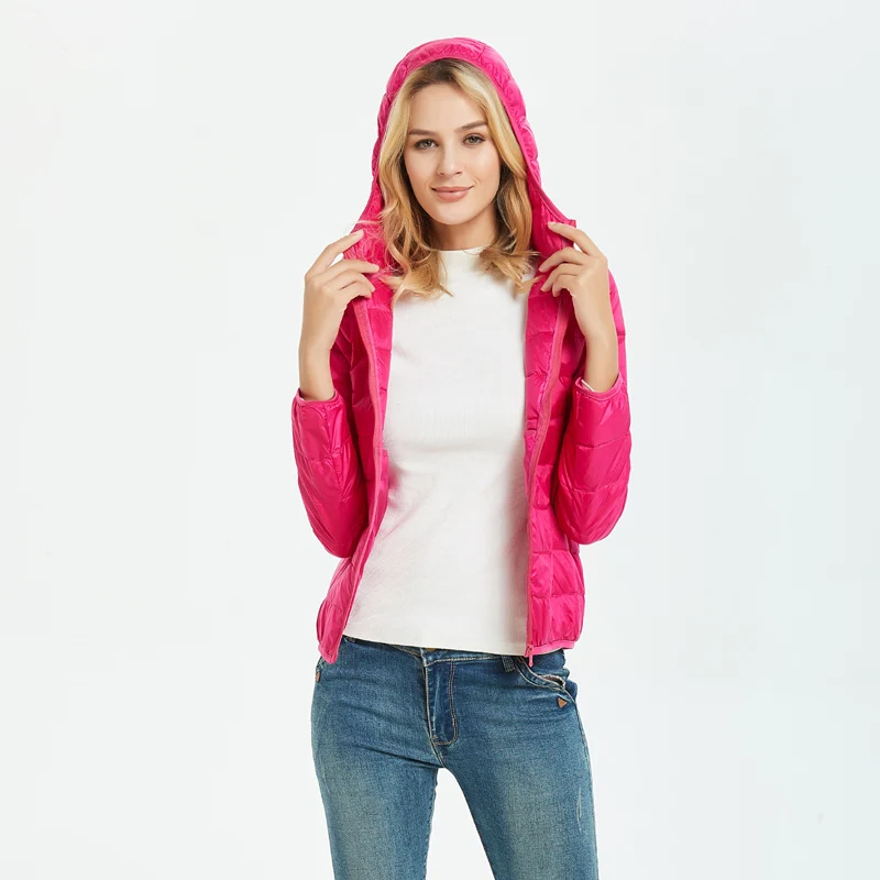 Chaquetas ultraligeras de plumón de pato para mujer, de manga larga Abrigo con capucha, cálido y ajustado, chaqueta de talla grande 5XL, ropa de