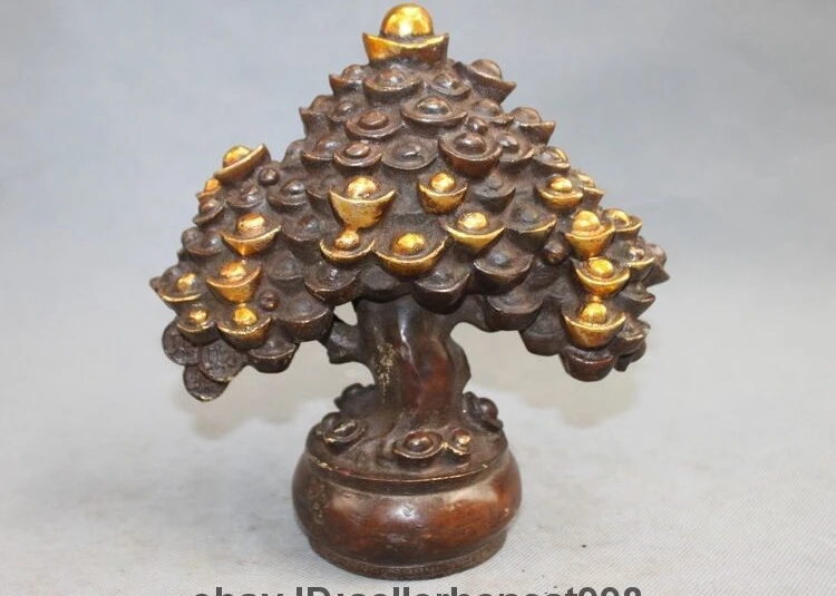 China Fengshui Bronze Gilt lotus flower Yuan Bao Pachira tree Statue 23cm