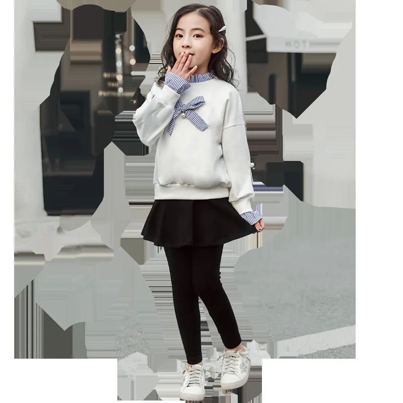 New Arrival Girls Stripe Lace Splice Clothing Set Children Casual Tops + Culottes Legging Pantskirt 2 Pcs Kids Sweater Suit X477