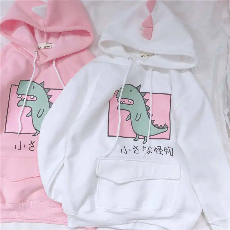 Neploe Japanese Fleece Thick Hoodies Cartoon Dinosaur Printed Sweatshirt Women's Clothes Sweet Hooded Drawstring Pullover 37416