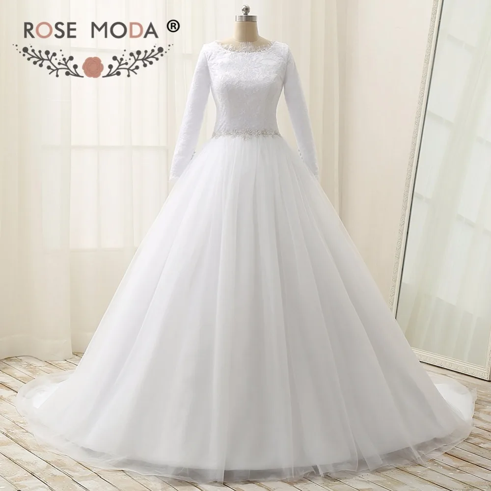 Rose Moda – robe de mariée musulmane, col haut, manches longues, avec ceinture, Photos réelles, sur mesure