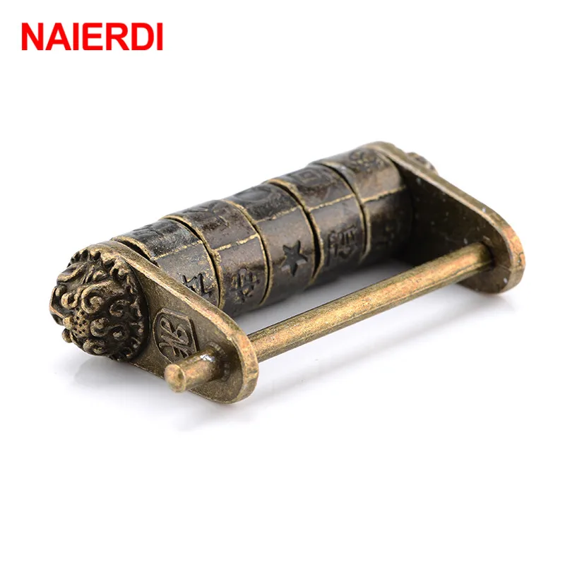 NAIERDI Zinc Alloy Chinese Vintage Antique Bronze Keyed Padlock Retro Combination Password Lock Jewelry Box Padlock 50*28mm