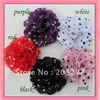 

Wholesale - 5 colors for your choose 24pcs/lot 3'' polka dots Satin mesh silk flowers without hair clip FreeShipping