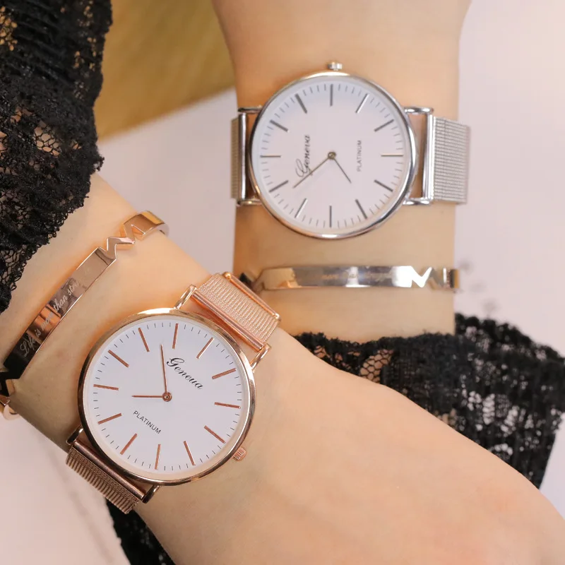 2023 New Brand Geneva Rosy Gold Casual Quartz Watch Women Metal Mesh Stainless Steel Watches Relogio Feminino Ladies Wrist Watch