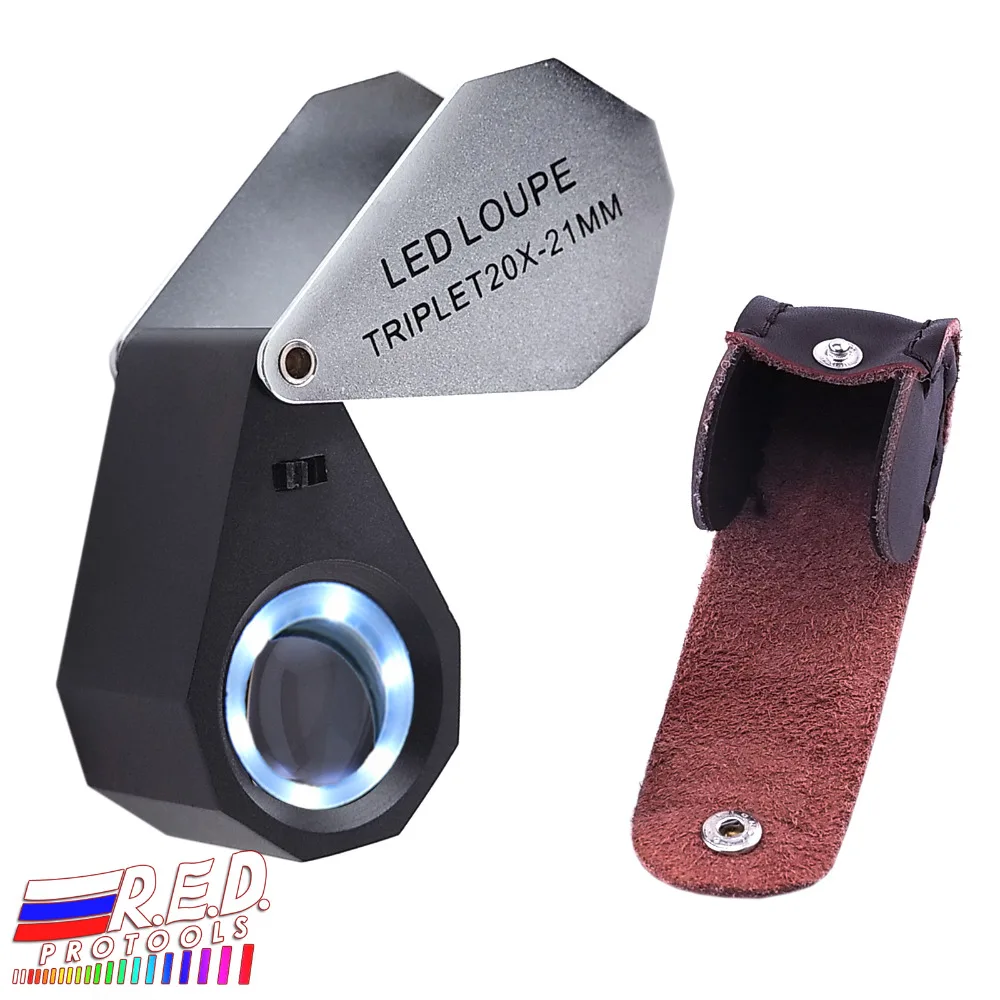 Ampliação Dobrável Foldaway Joalheiro Lupa Mais Luz Led Mais 21 mm Triplet Lente de Vidro Óptico 20x