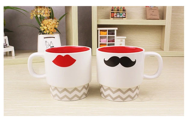 ZAKKA Creative Ceramic Mugs, Lover couples drink cups, Mr Right Beard Cup and Mrs Left Lip Cup, Gift mugs