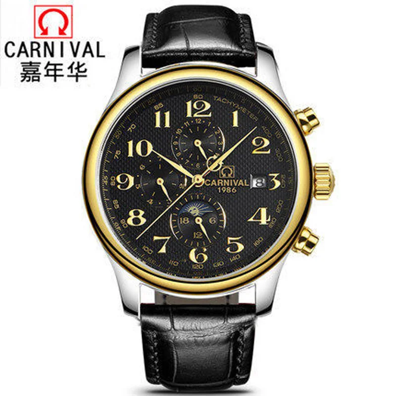 

Carnival Brand Luxury Watches Men Automatic Mechanical Men Watch Waterproof Multi-function Moon Phase Tachymeter Clock C0702-5