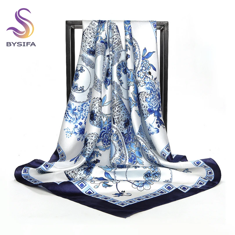 [BYSIFA] China Style Blue White Silk Scarf Cape 2017 New Design Ladies Muslim Head Scarf Printed Fashion Accessories Satin Scarf