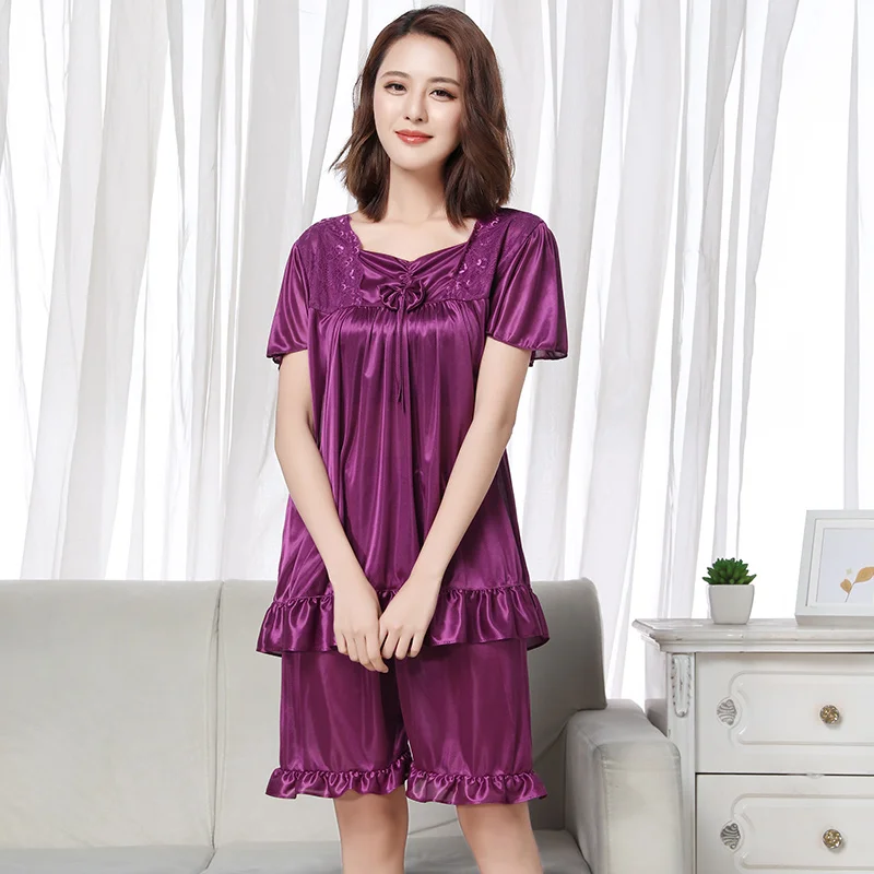 Sexy Short Sleeve Casual Slim Solid Women Lingerie Silk Women Pajamas Set Home Clothing