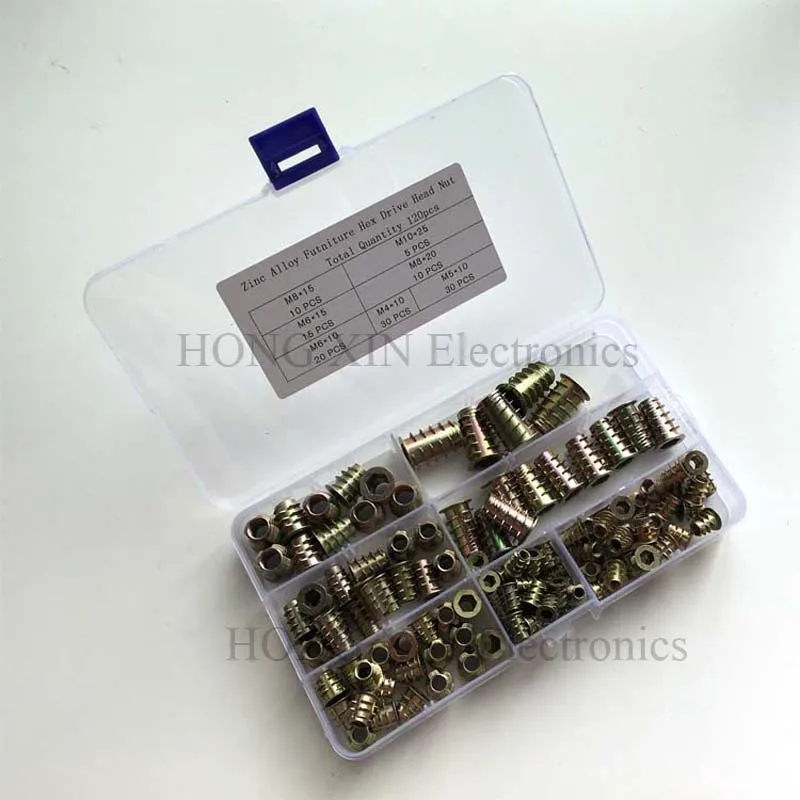 

120PCS Zinc Alloy Hex Socket Screw-in Nut M4 M5 M6 M8 M10 Threaded Insert Nuts Assortment Kit for Wood Furniture (7 Size-120pcs)