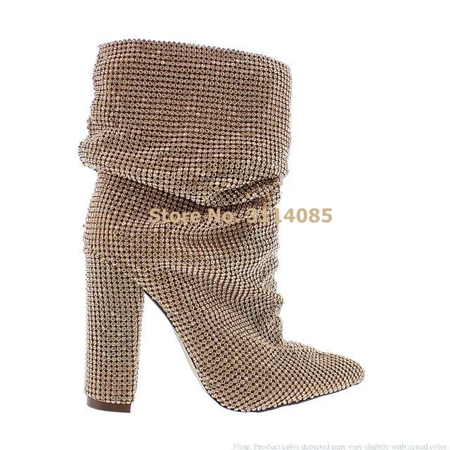 

Women Luxury Brand Silver Crystal Boots Chunky Heels Dress Boots Sparkling Middle Boots Loose Style Folded Party Shoes Size43