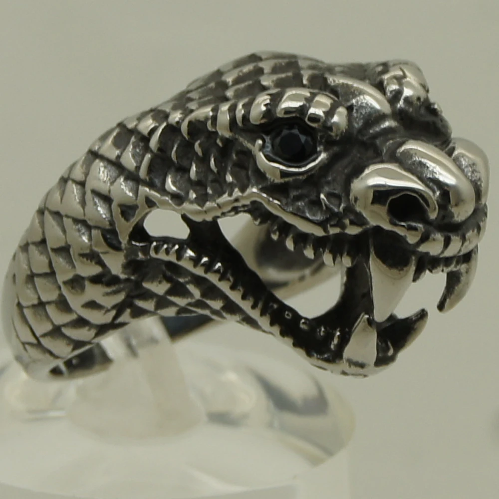 black cz stone eye sharp teeth snake/python 316L stainless steel ring