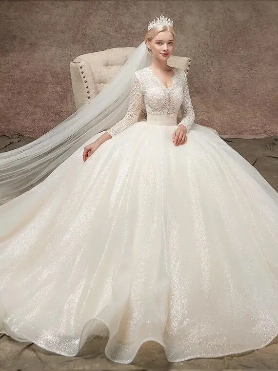 تخصيص جديد زي العرائس 2025 فاخر تسلق صور حقيقية الترتر فستان الزفاف كم طويل الدانتيل الديكور Vestido De Noiva