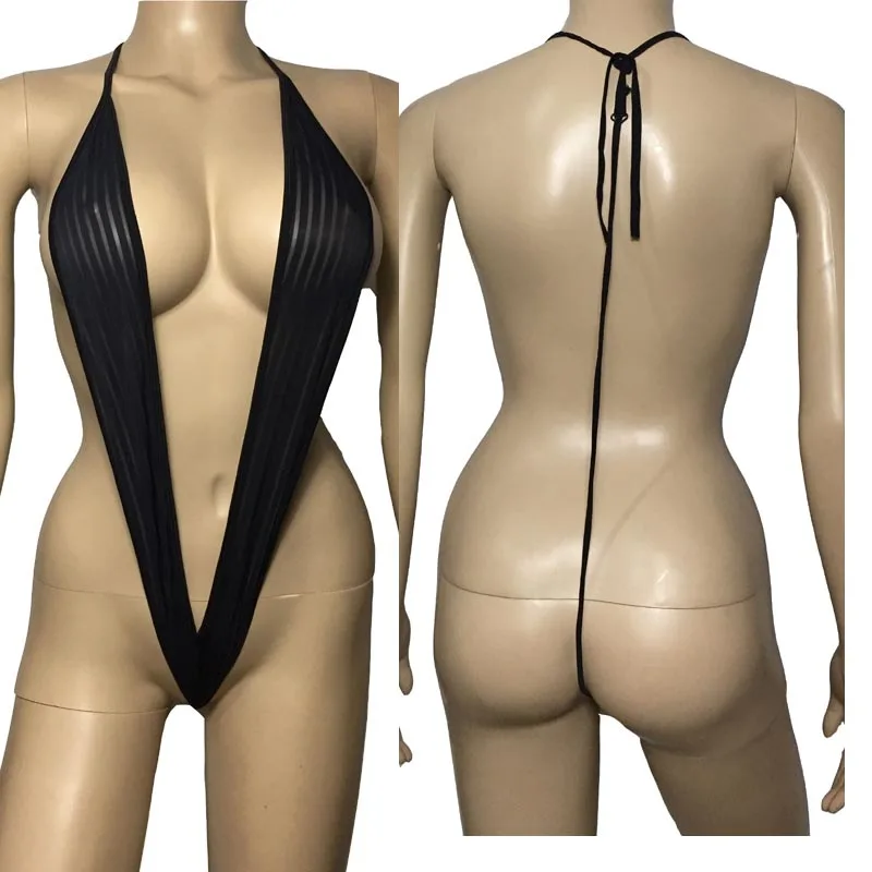 

Sexy See Through Stripe Plunge Deep V Teddy Onesie with G-String Bikini Back Role Play Crotchless Lingerie Fantasy Costume