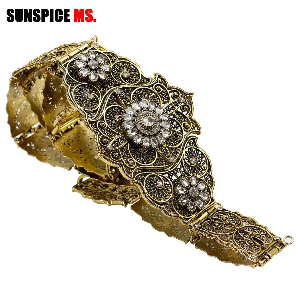 Vintage Caucasus Wedding Belt For Women Rhinestone Arabic Bridal Dress Belt Adjust Length Waist Chain Antique Gold Color Jewelry