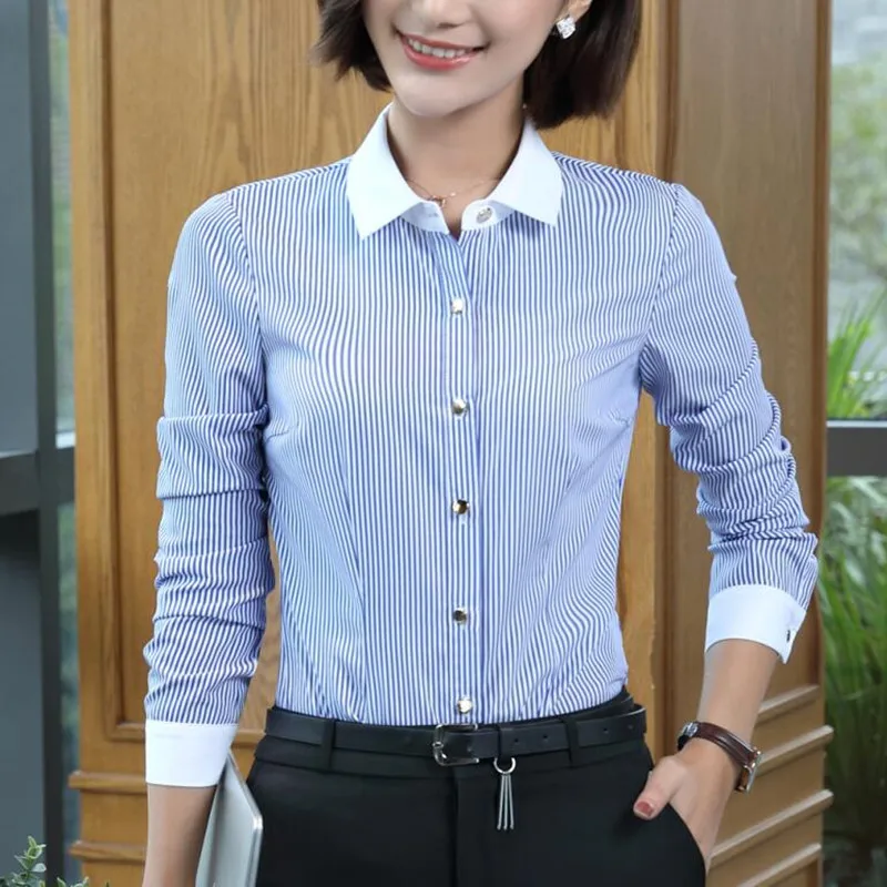 Spring Fashion Long Sleeve Cotton Women Blouse Elegant Formal Blue Stripe Tie Slim Shirt Office Ladies Work Wear Tops