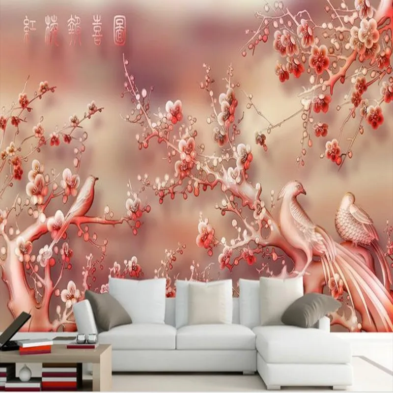 

wellyu Customized large - scale murals jade carving Hongmei good news TV sofa backdrop non - woven wallpaper papel de parede