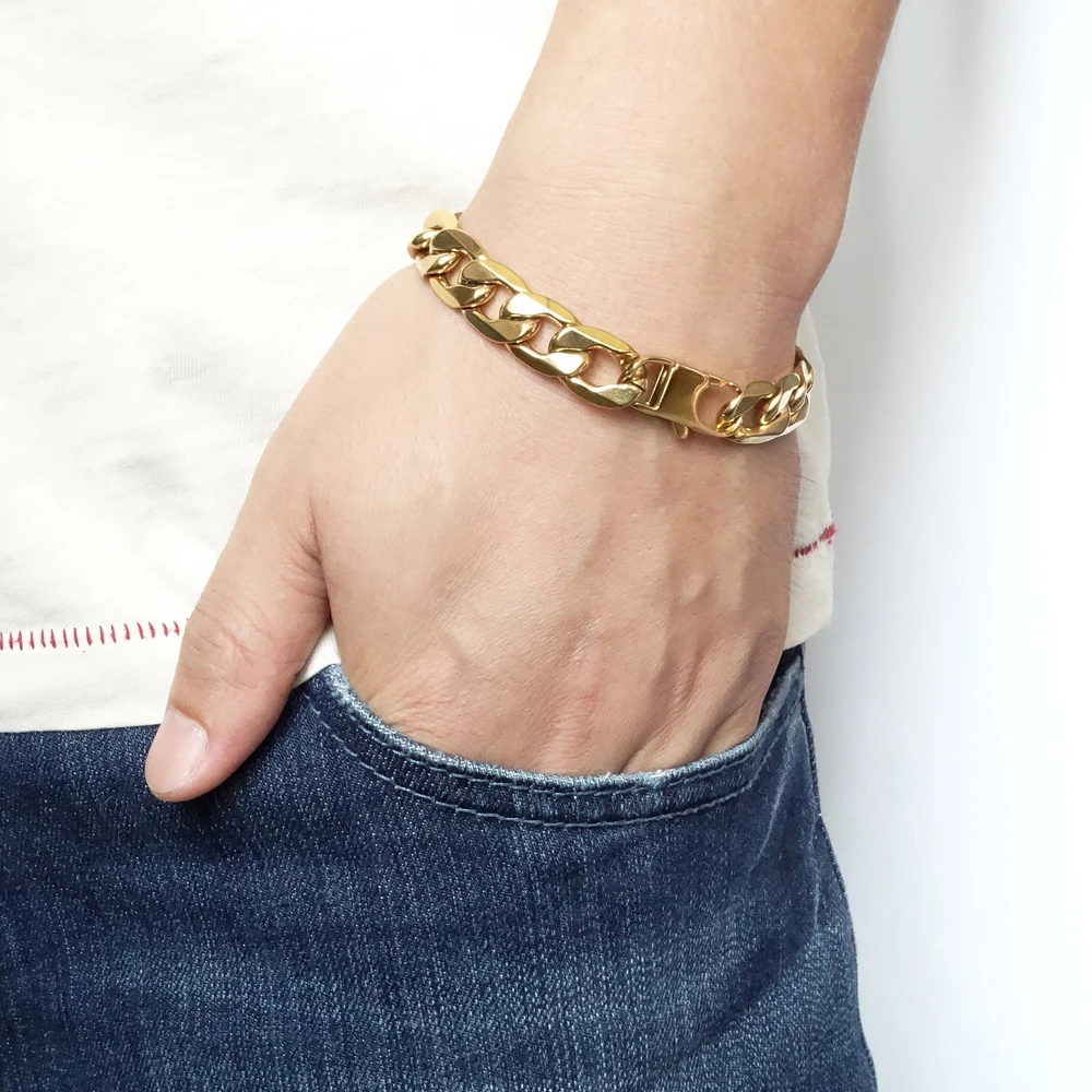 Gold Color Bracelets for Men Women 100% Stainless Steel Bracelet 6/8/12 mm 8 Inches Curb Cuban Chain Free Shipping Factory Offer