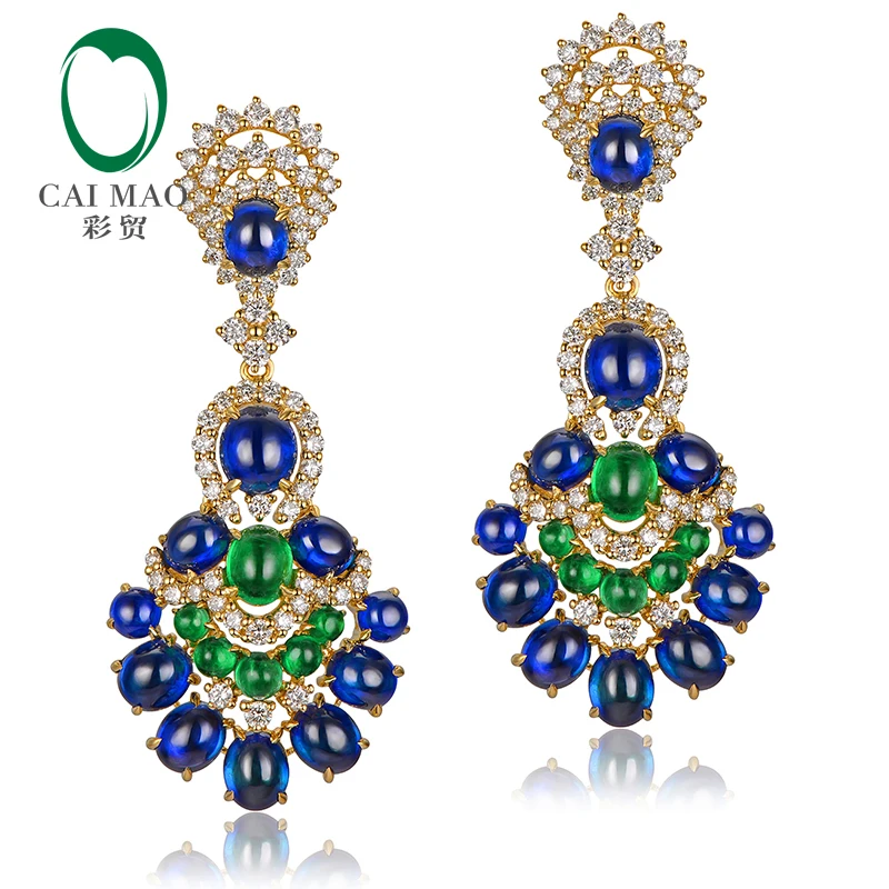 CaiMao Gorgeous Natural 14.29ctw Blue Sapphires Emeralds and Diamonds Earrings 18kt Yellow Gold Retro English Lock For Women