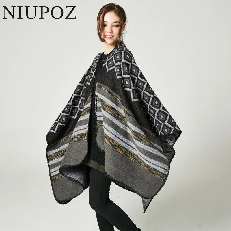 

Luxury Brand For Women Winter Scarf Warm Pashmina Lady Poncho Geometric Rhombus Air conditioner shawl Elegant Double sided M334