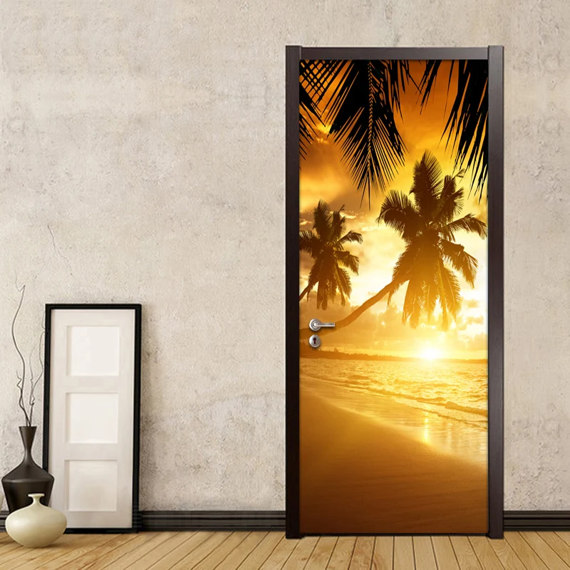 Palm Tree Sunrise Beach Landscape 3D PVC Waterproof Door Sticker Home Decor Living Room Bedroom Poster Wall Paper Self-adhesive