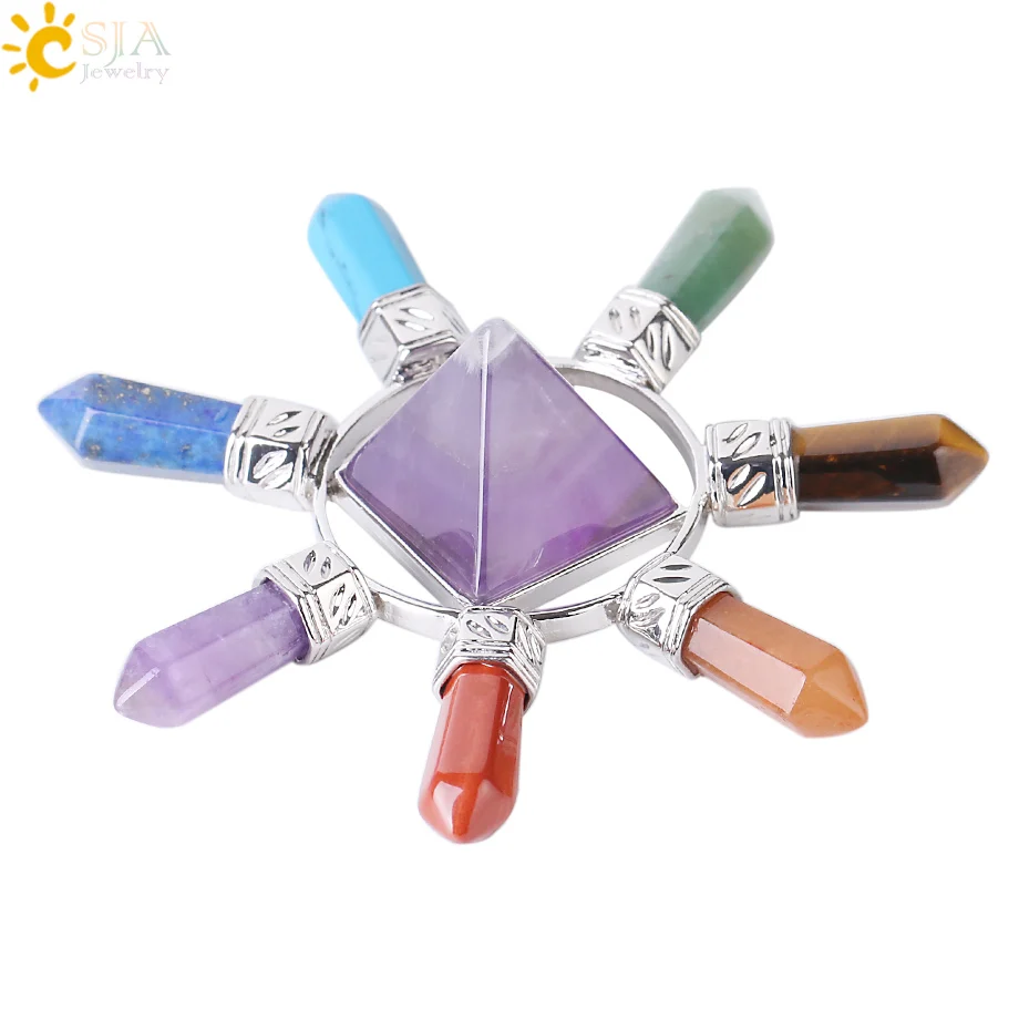 CSJA  7 Chakra Jewelry Energy Power Natural Stone Meditation Crystal Pyramid Hexagonal Prism for Men Women Yoga Healing F342