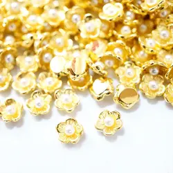 50pcs wholesale new Japanese nail art 3D pearl alloy flower nail art charms gold nail jewelry decoration nail metal parts