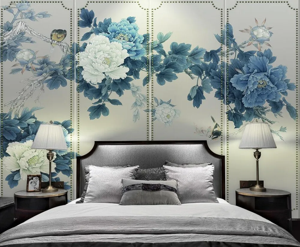 Customized 3d wallpaper Hand painted tricks flowers and birds painting peony flowers living room background wall wallpaper