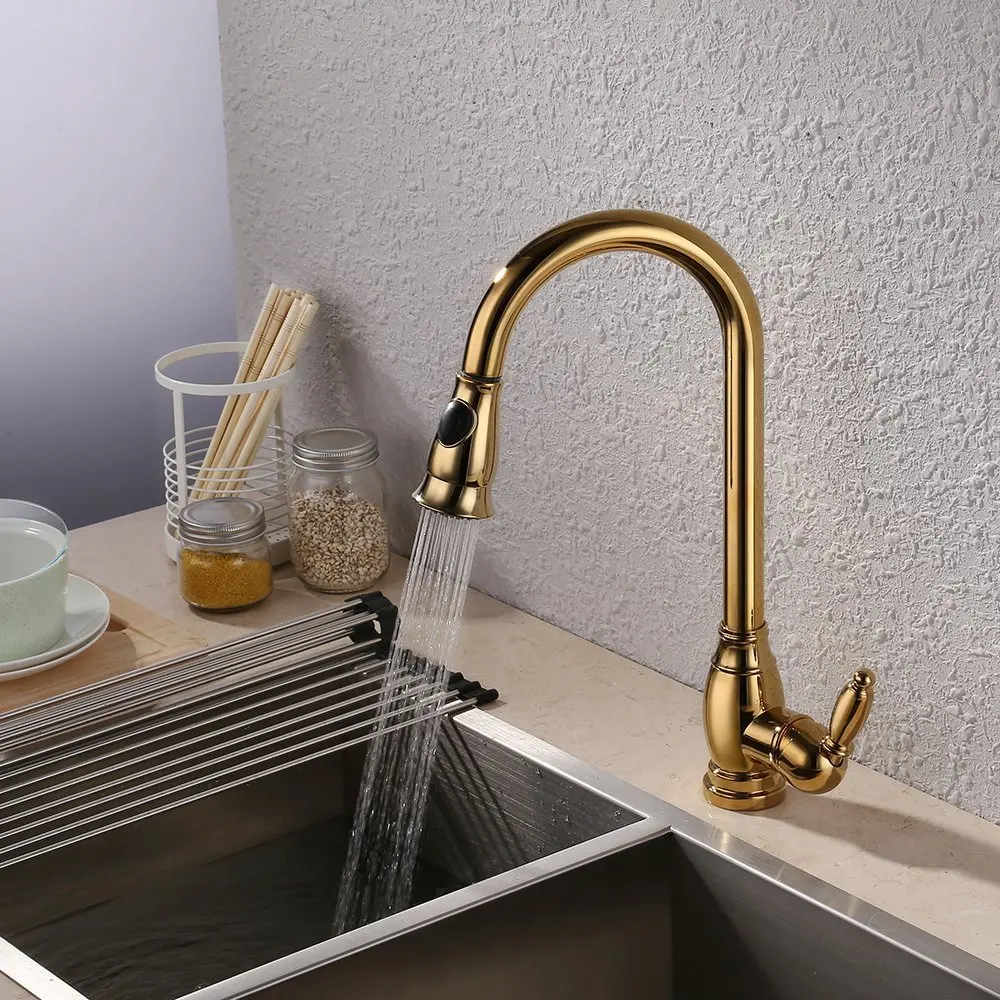 Luxury Titanium Gold Solid brass Kitchen Faucet Gold Bar Sink Hot cold Water Mixer Kitchen Tap One Hole High Quality