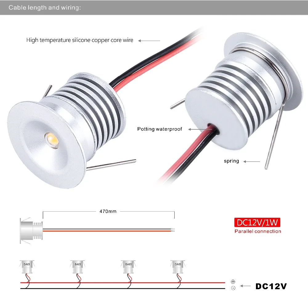 Projecteur LED encastrable avec découpe de 25mm, éclairage d'intérieur, idéal pour une chambre à coucher, une cuisine ou un placard à vin, dc 12v, 1W, 60D/120D, CE