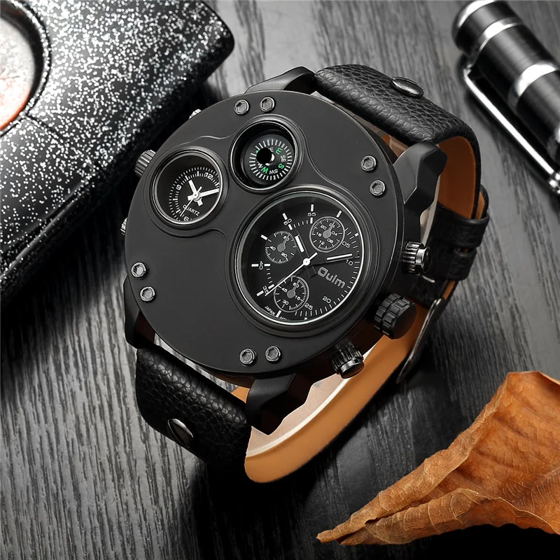 

Oulm Unique Sport Watches Men Luxury Brand Two Time Zone Wristwatch Decorative Compass Male Quartz Watch relogio masculino