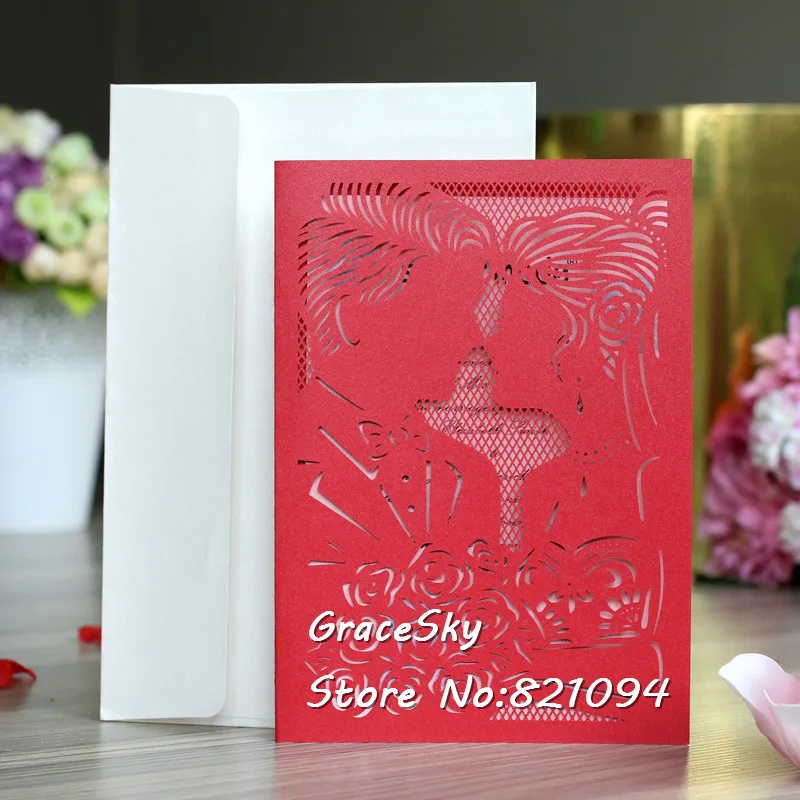 50pcs free shipping New 120*180mm Laser cutting Bride Groom Design Wedding invitation cards wedding party Save the date cards