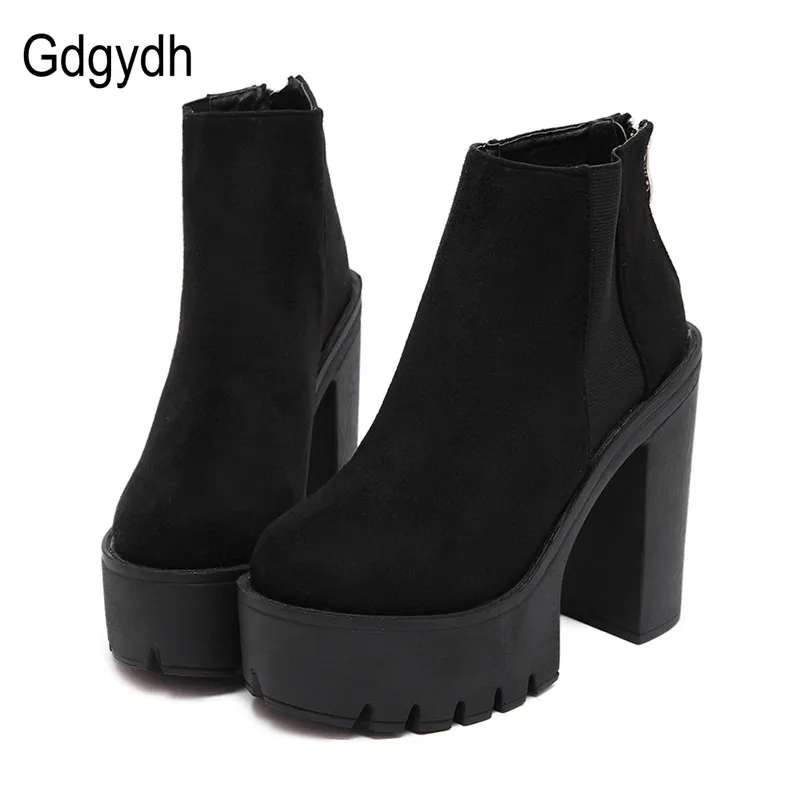 Gdgydh Fashion Black Ankle Boots For Women Thick Heels Spring Autumn Flock Platform Shoes High Heels Black Zipper Ladies Boots