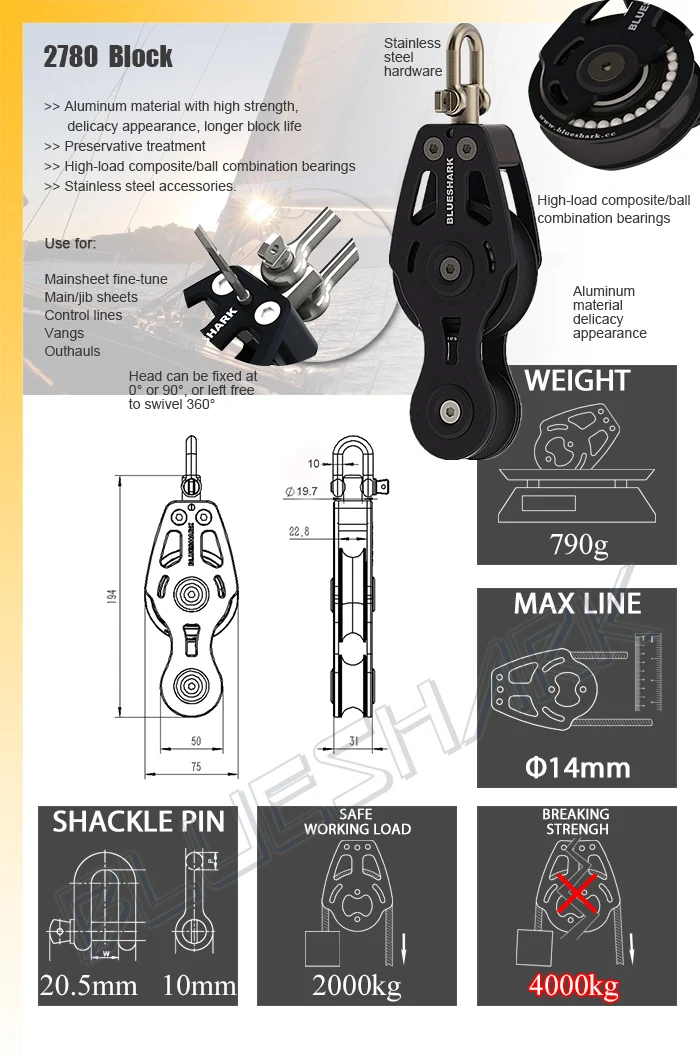 Sailboat Hardware 75 mm 3 Inch Aluminum Fiddle Block Max 2000kg 2780