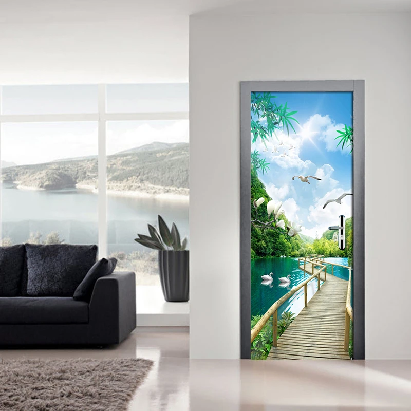 Wood Bridge Nature Landscape 3D Mural PVC Door Sticker Living Room Bedroom Self-adhesive Waterproof Door Wallpaper Home Decor