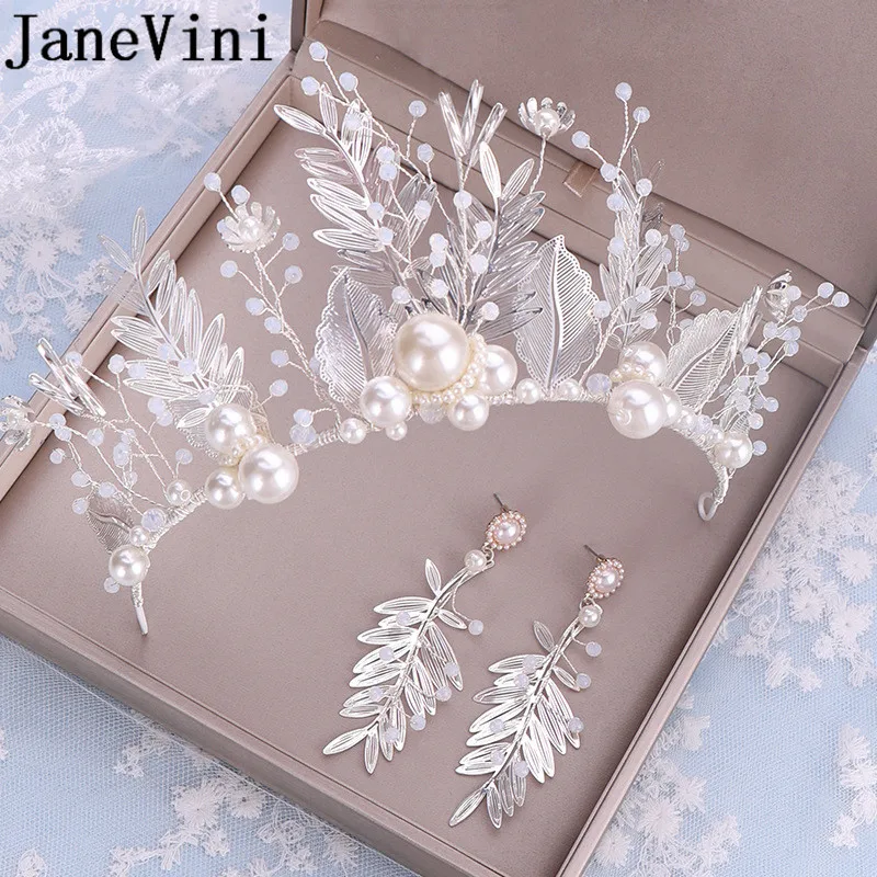 

JaneVini Fashion Pearls Beaded Bride Tiaras and Crowns Silver Hairband Earrings Set Bohemia Bridal Headpieces Hair Accessories